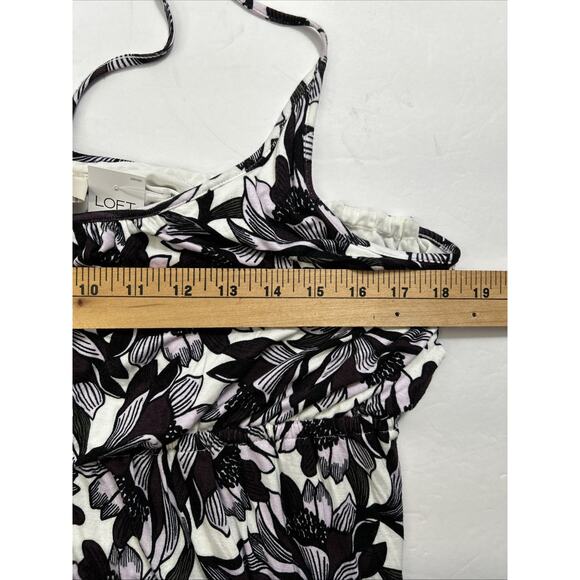 LOFT Maxi Sundress Dress L Purple White Floral Elastic Waist Scoop Neck Stretch - Picture 6 of 8